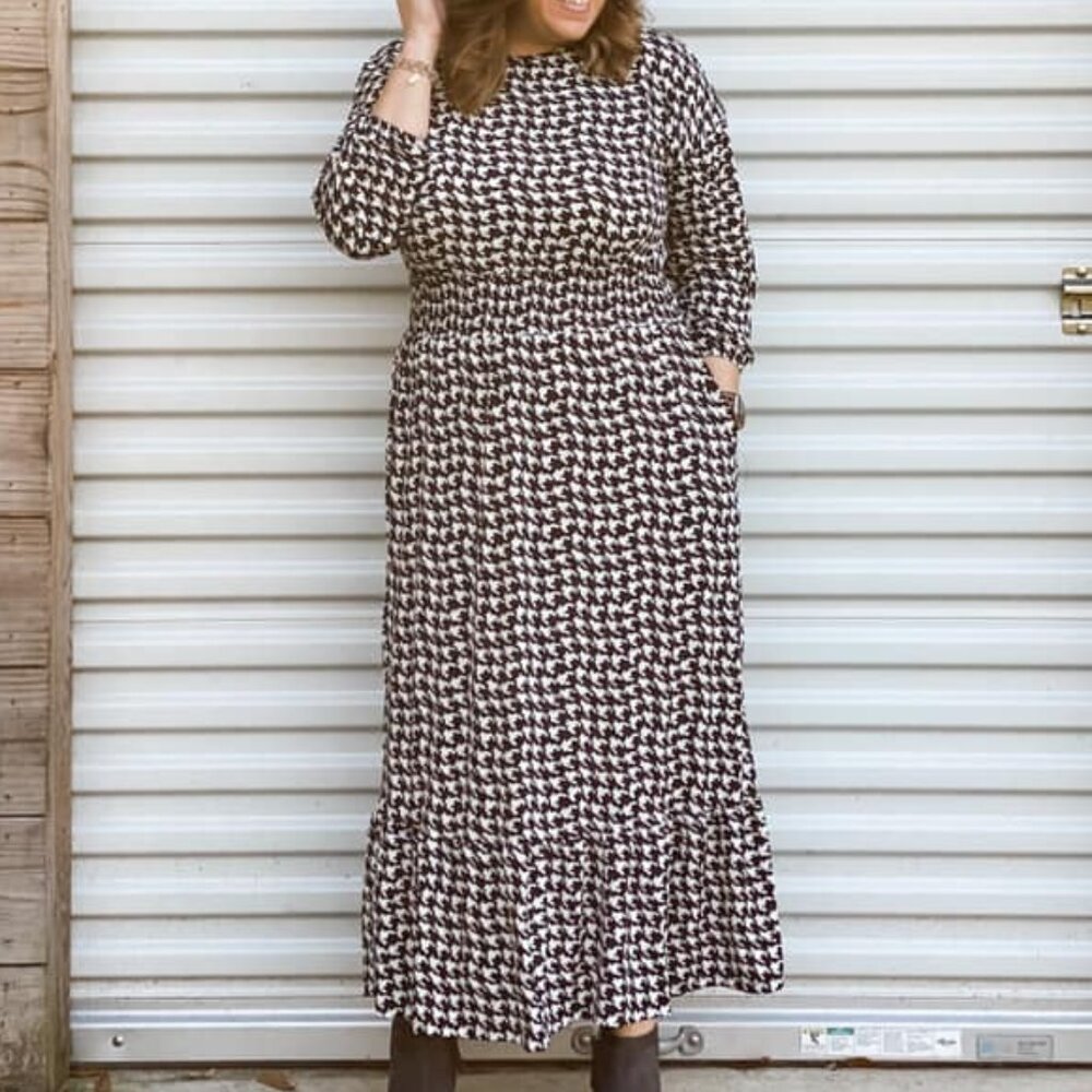 NEW 2XL LuLaRoe Smocked Waist Maxi Dress Long Sleeve Black Houndstooth Plaid